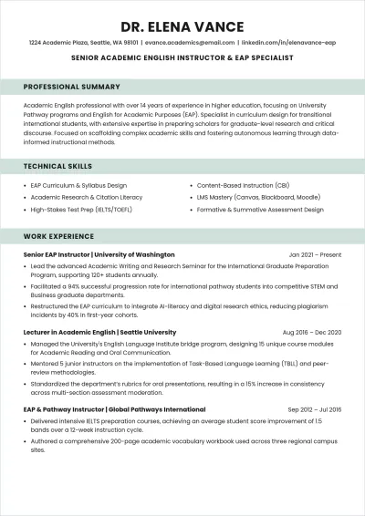 Free Academic English Teacher ATS Resume Template, AI Resume Builder