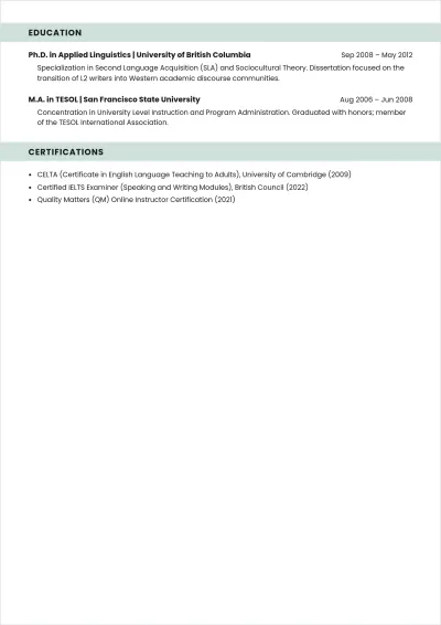 Free Academic English Teacher ATS Resume Template, AI Resume Builder