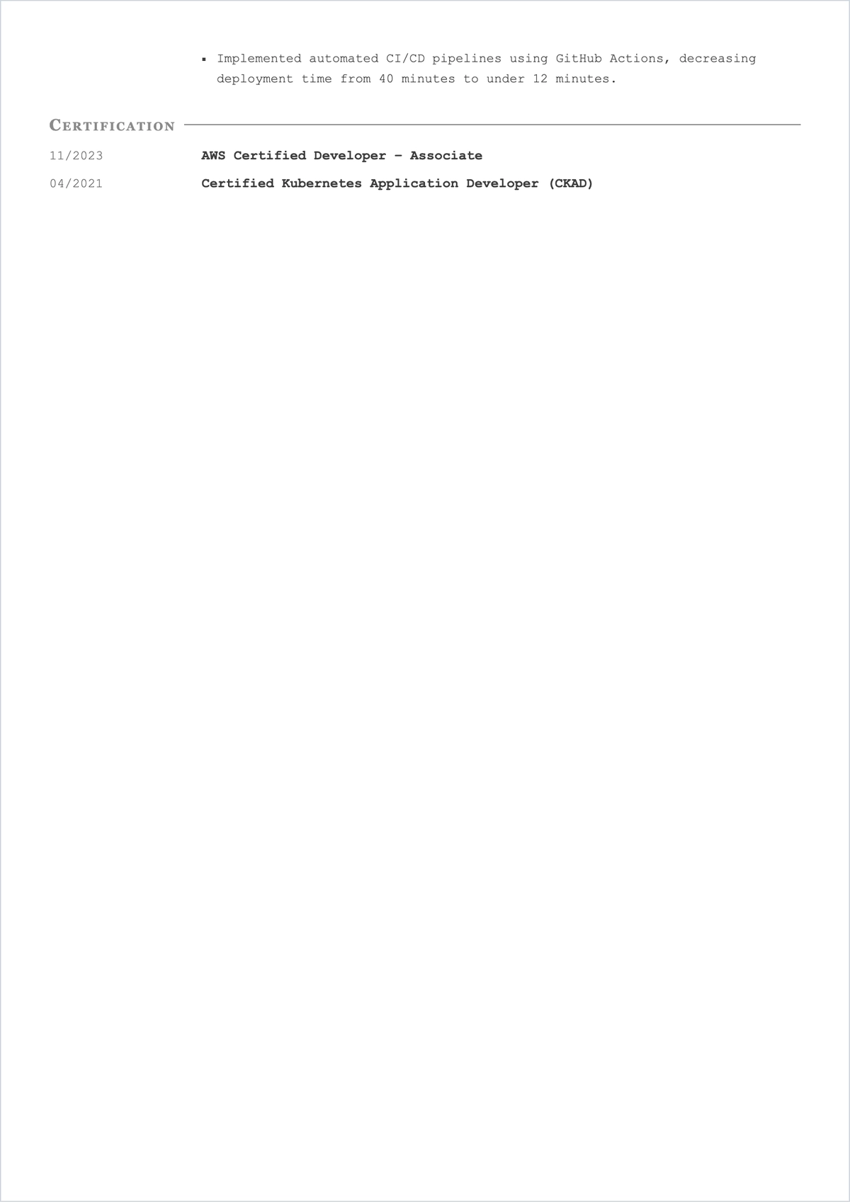 Free One Page ATS Resume for Software Engineer Template