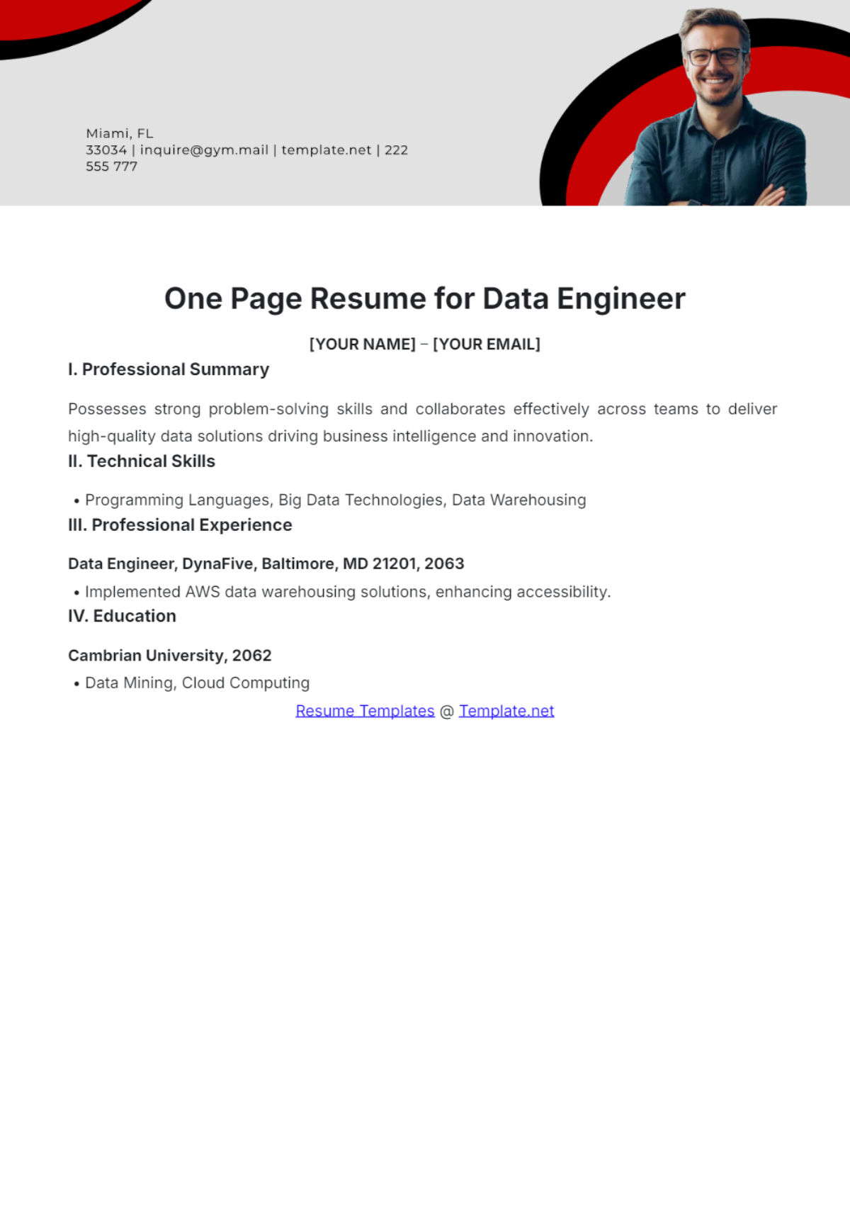 One Page Resume for Data Engineer - Edit Online & Download