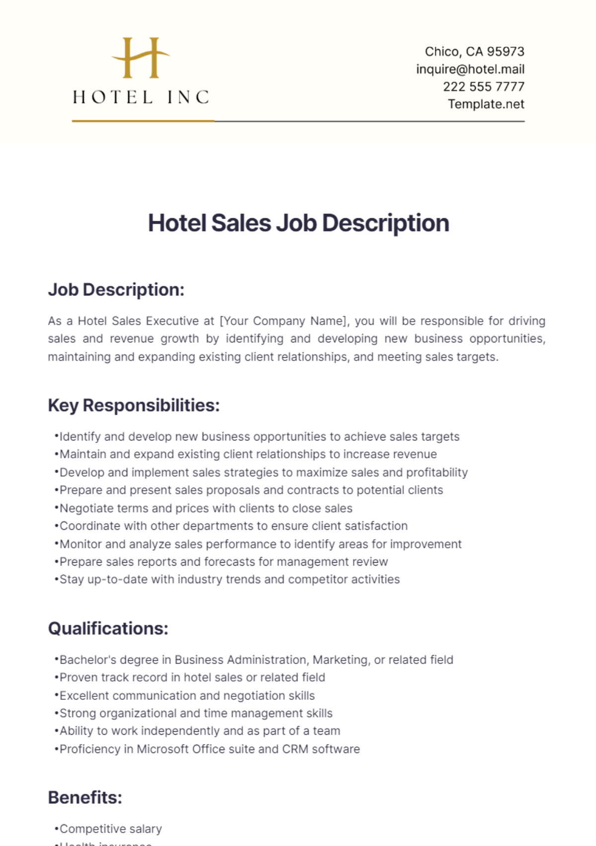 Hotel Sales Job Description Template - Edit Online & Download