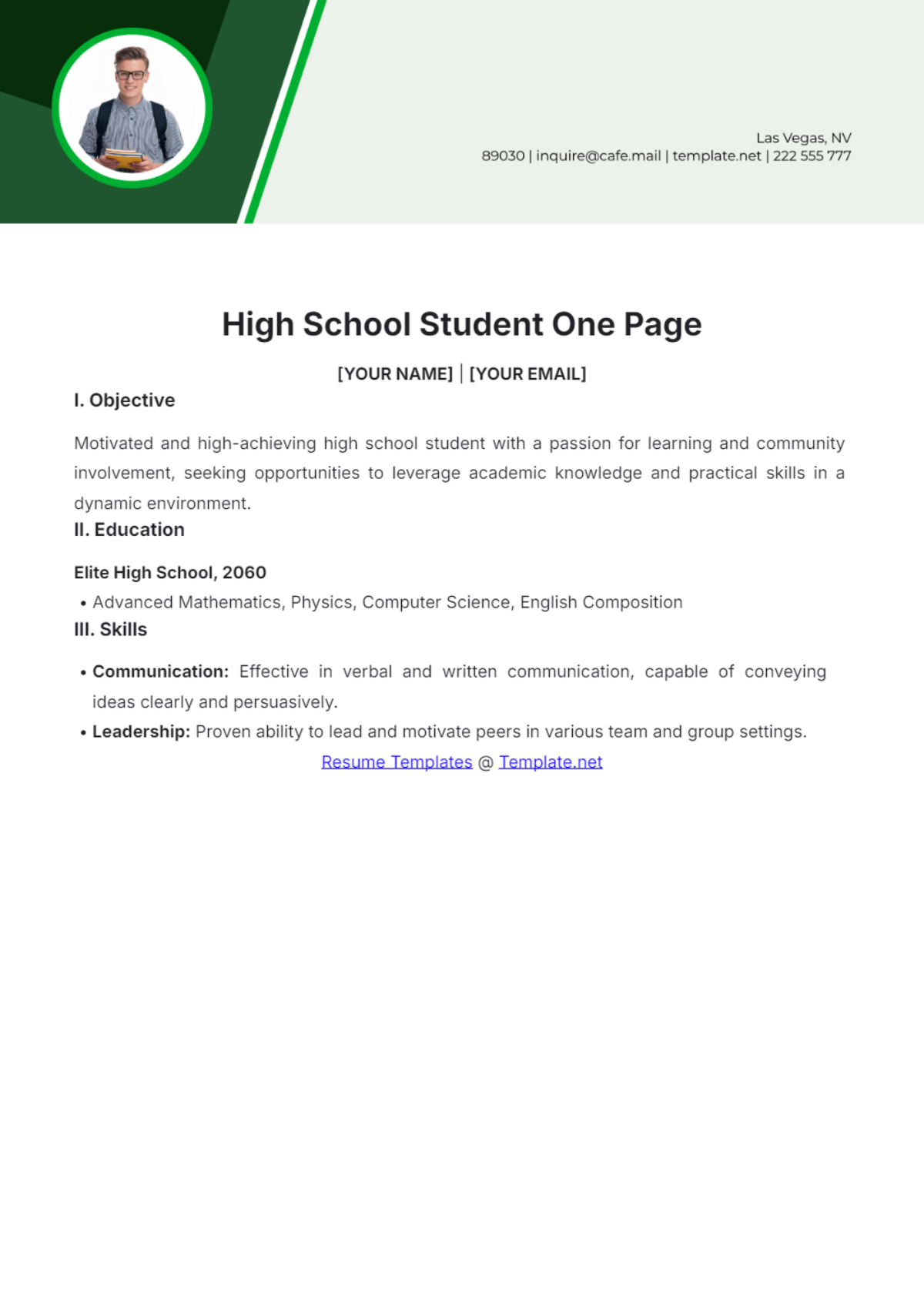 High School Student One Page Resume - Edit Online & Download