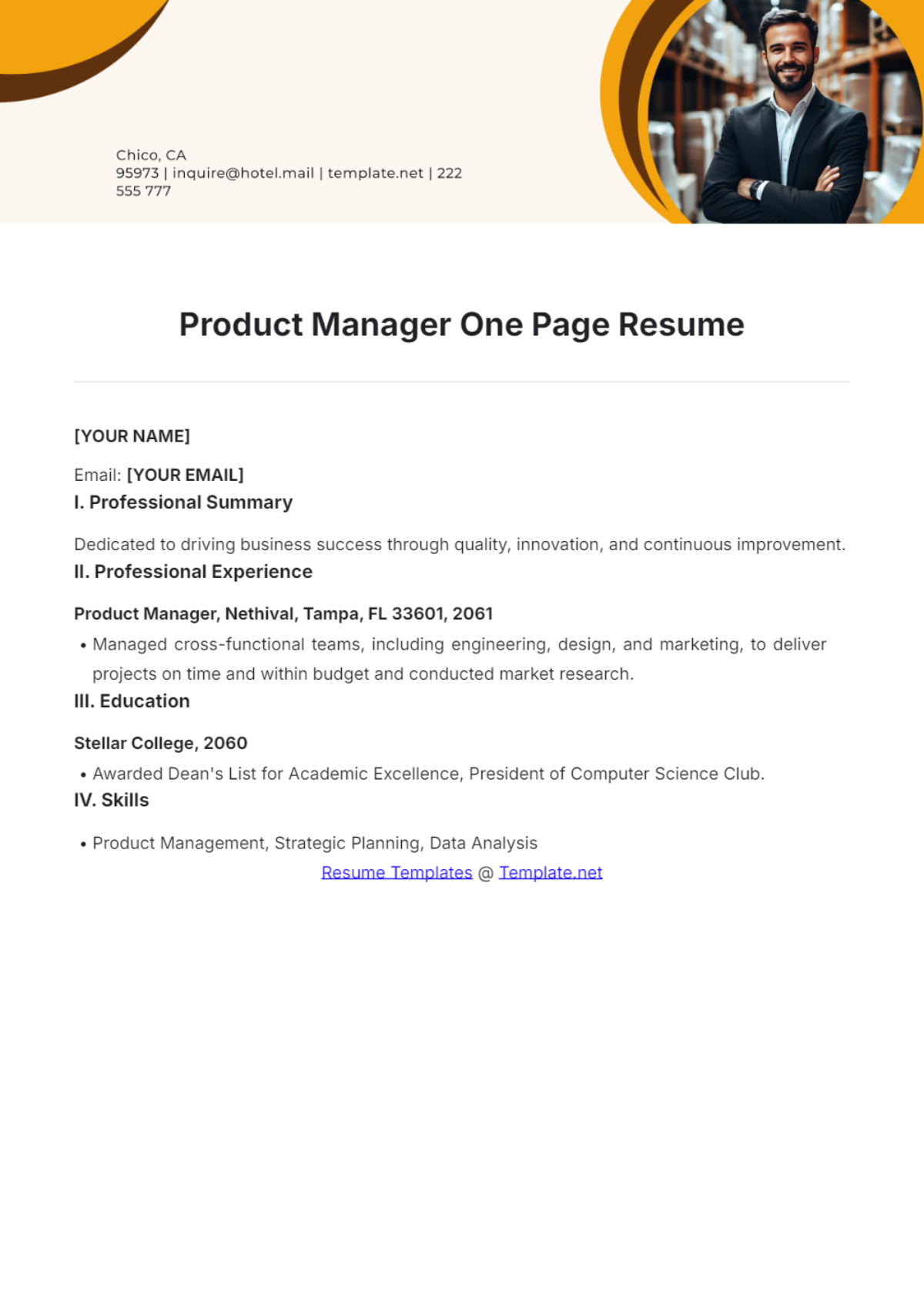 Product Manager One Page Resume - Edit Online & Download