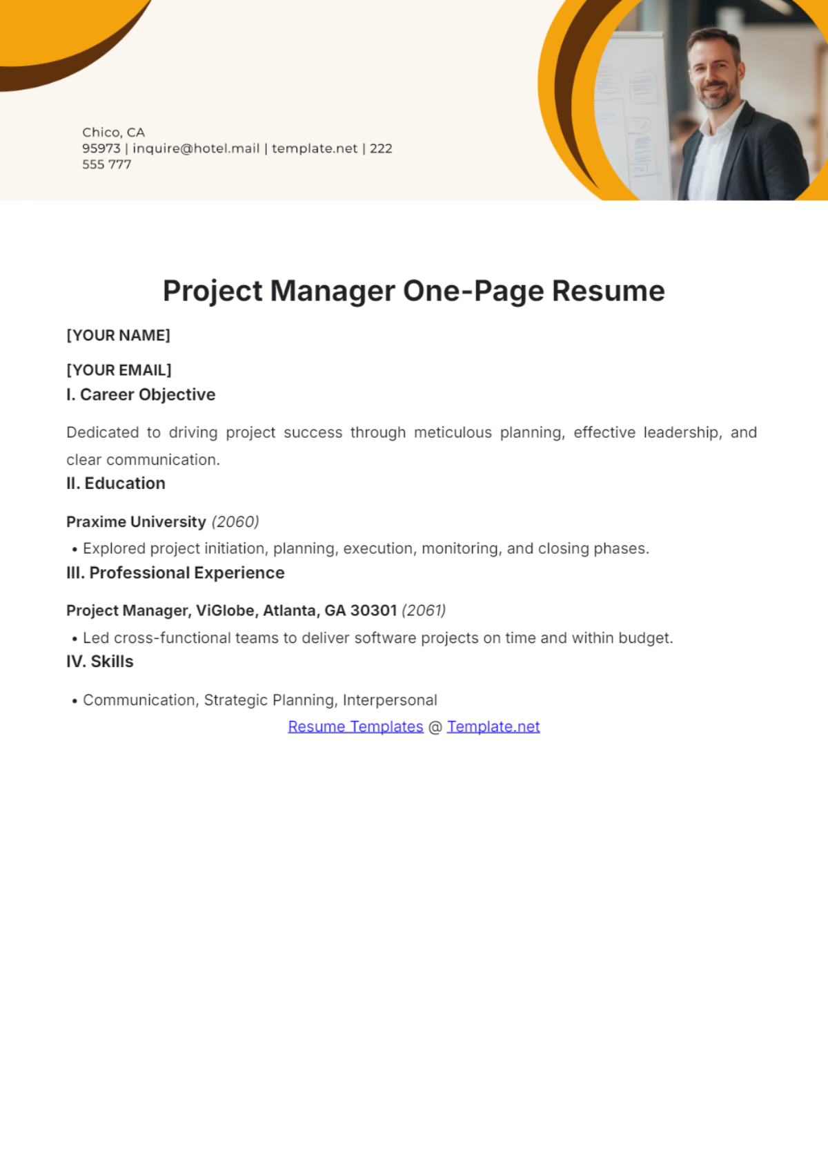 Project Manager One Page Resume - Edit Online & Download