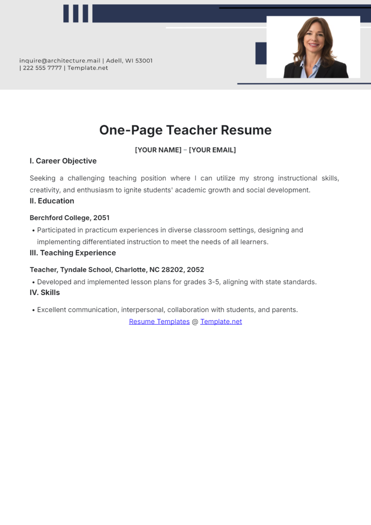 One Page Teacher Resume - Edit Online & Download