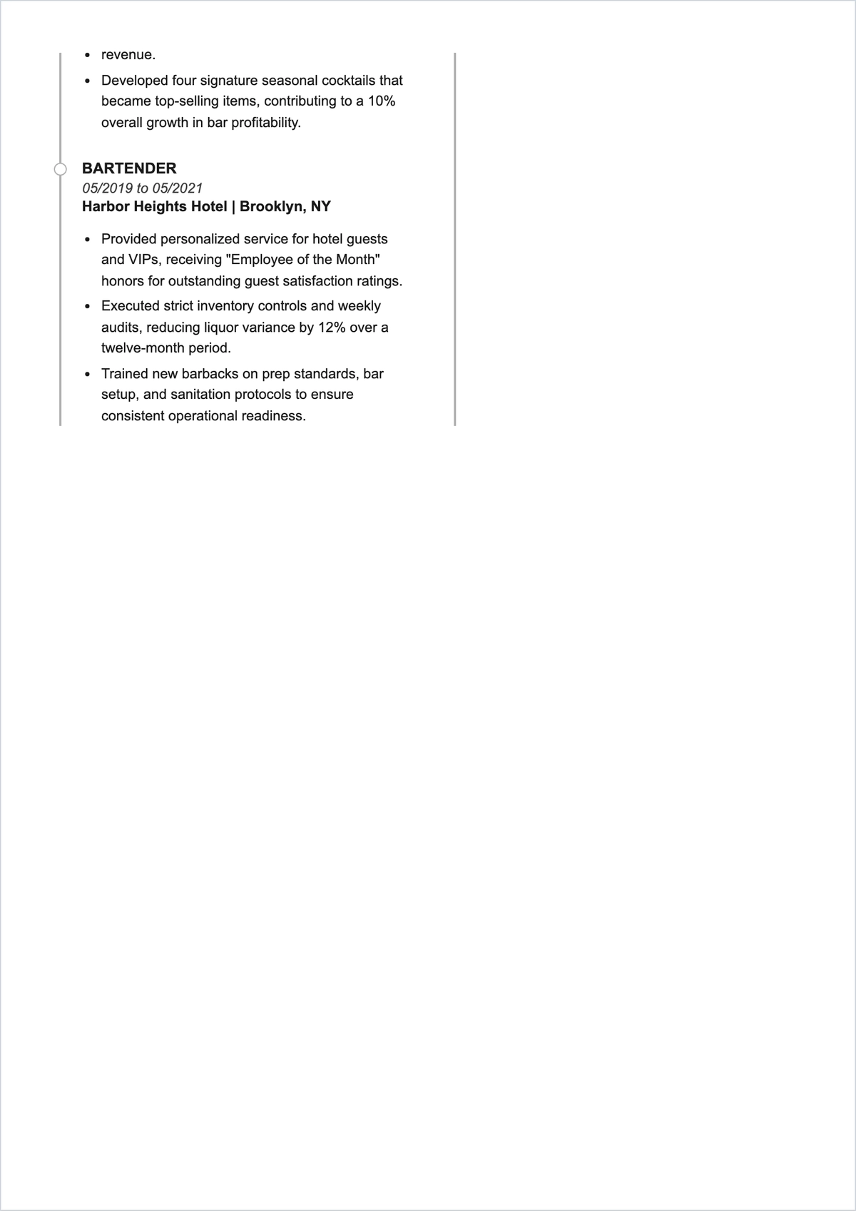 Free One Page Bartender ATS Resume Template, AI Resume Builder