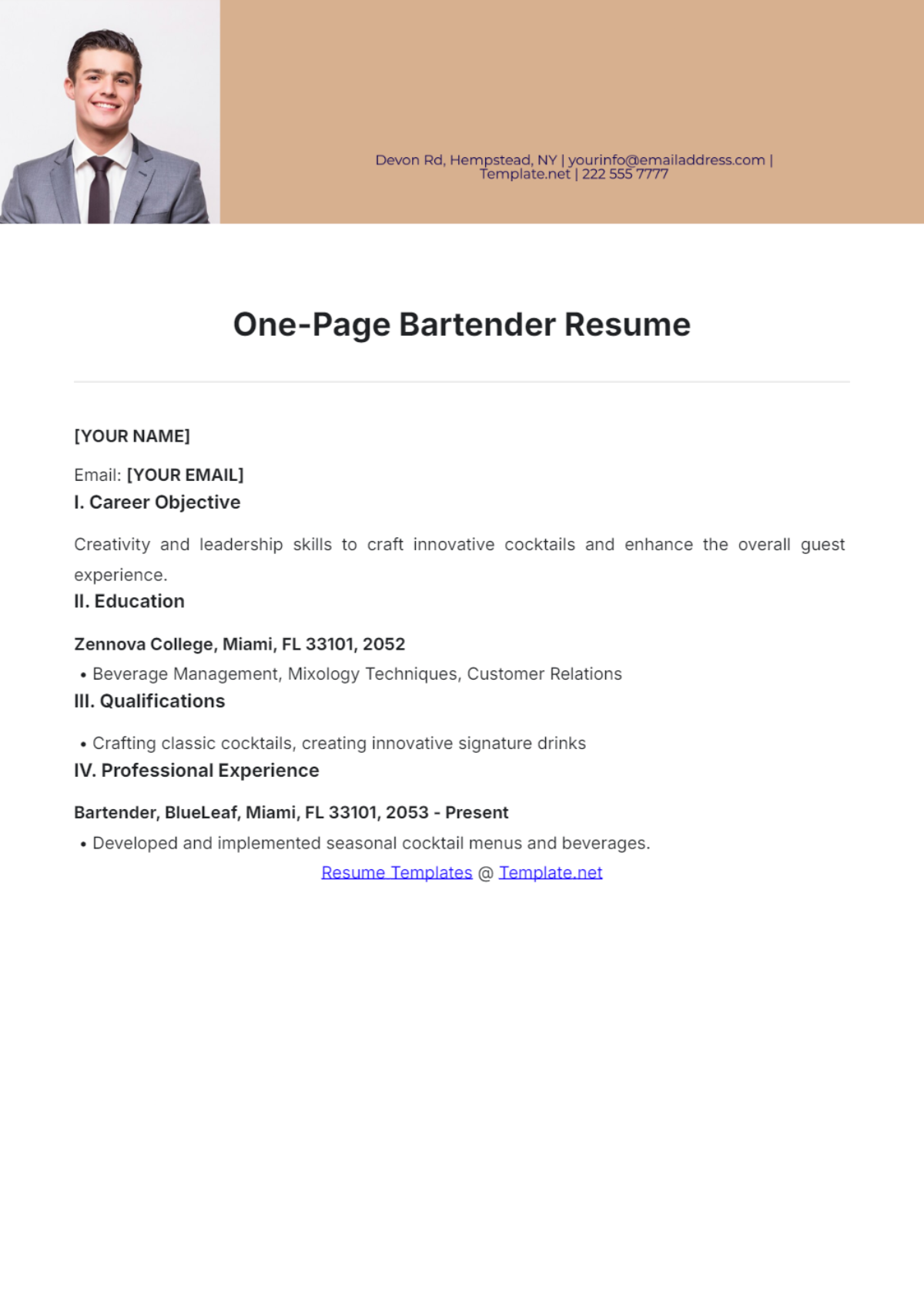 One Page Bartender Resume - Edit Online & Download