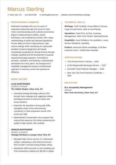 Free One Page Bartender ATS Resume Template, AI Resume Builder