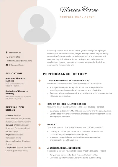 Free Professional Skills Acting ATS Resume Template, AI Resume Builder