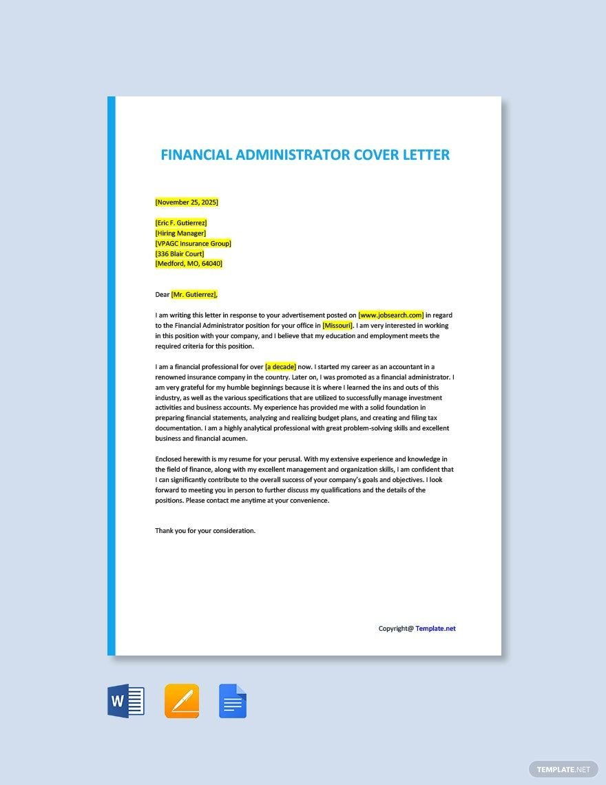 Financial Administrator Cover Letter in Word, Google Docs, PDF, Apple Pages