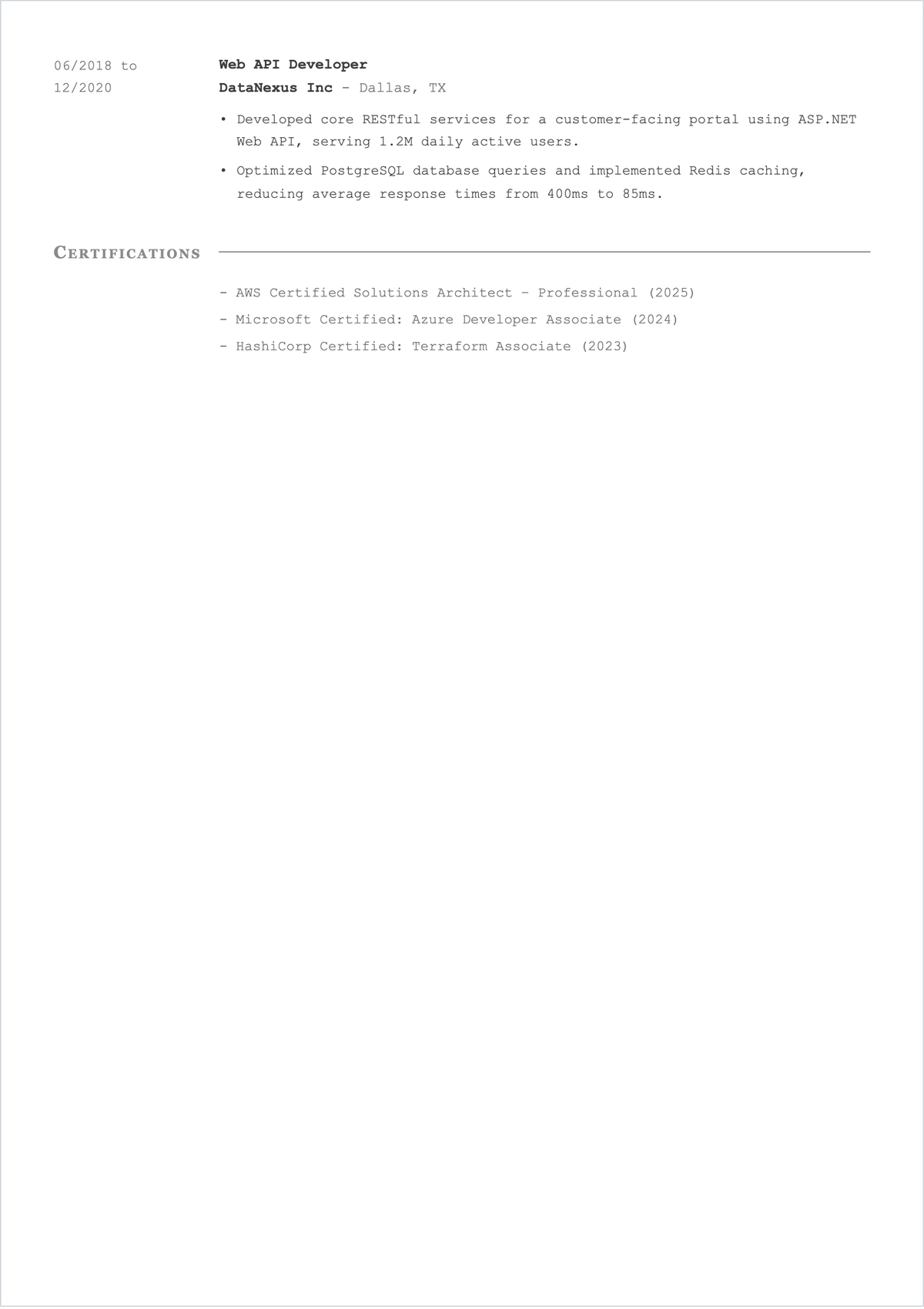 Free Web API Developer ATS Resume Template, AI Resume Builder