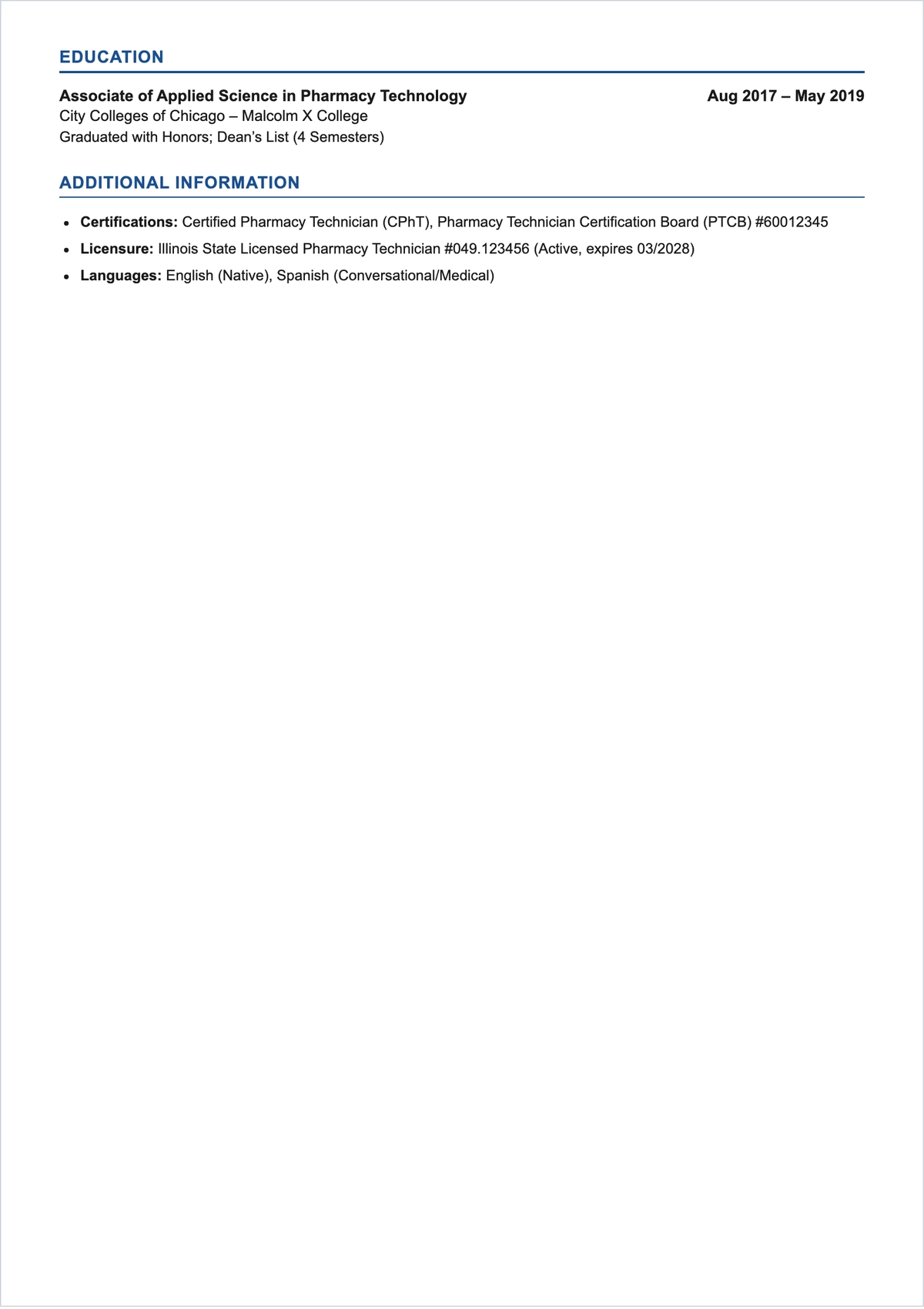 Free Data Entry Pharmacy Technician ATS Resume Template