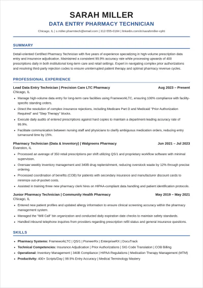 Free Data Entry Pharmacy Technician ATS Resume Template