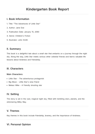 Free Kindergarten Book Report Template to Edit Online