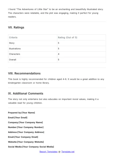 Free Kindergarten Book Report Template to Edit Online