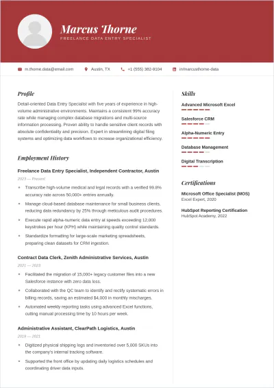 Free Freelance Data Entry ATS Resume Template, AI Resume Builder