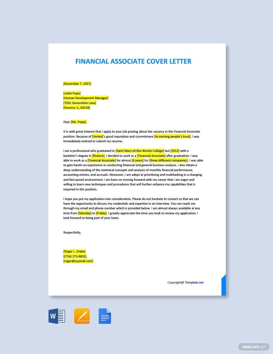 Financial Associate Cover Letter in Word, Google Docs, PDF, Apple Pages