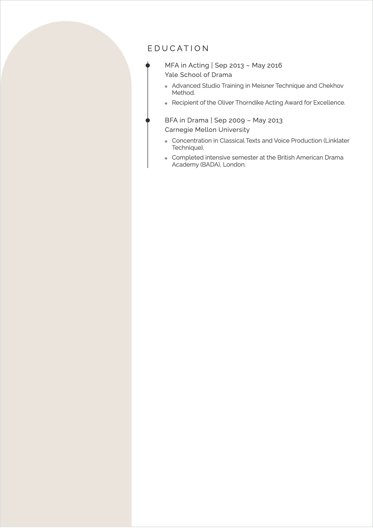 Free Creative Skills Acting ATS Resume Template, AI Resume Builder