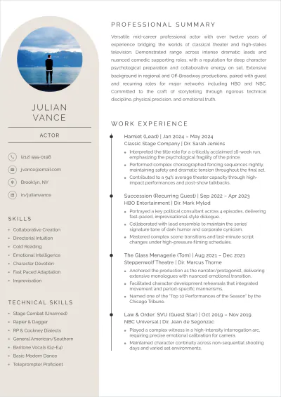 Free Creative Skills Acting ATS Resume Template, AI Resume Builder