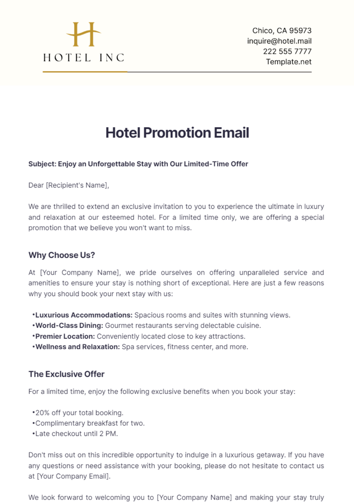 Hotel Promotion Email Template - Edit Online & Download