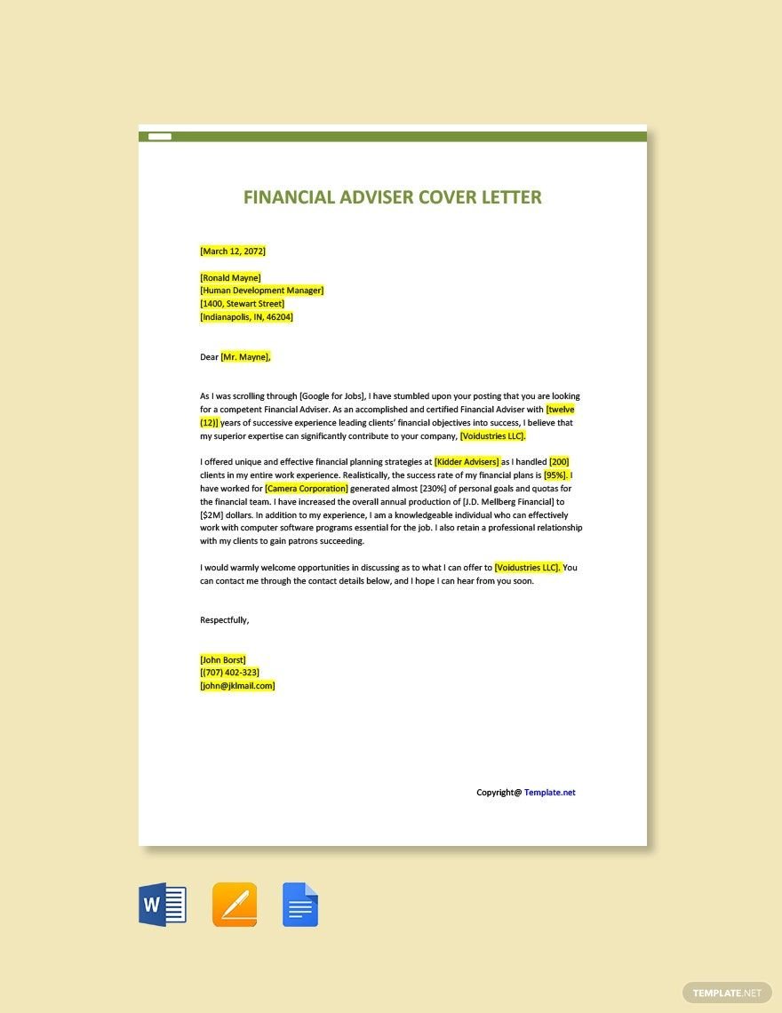 Financial Advisor Cover Letter in Word, Google Docs, PDF, Apple Pages