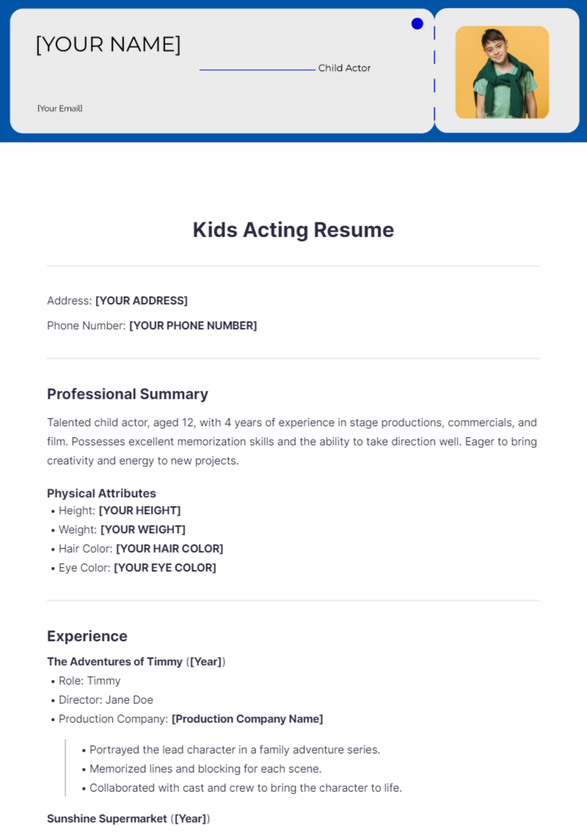 Free Kids Acting Resume Template - Edit Online & Download | Template.net