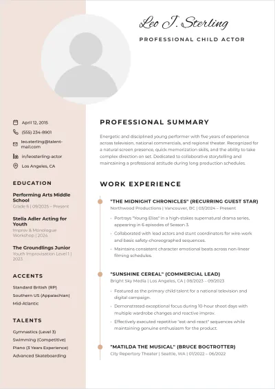 Free Kids Acting ATS Resume Template, AI Resume Builder
