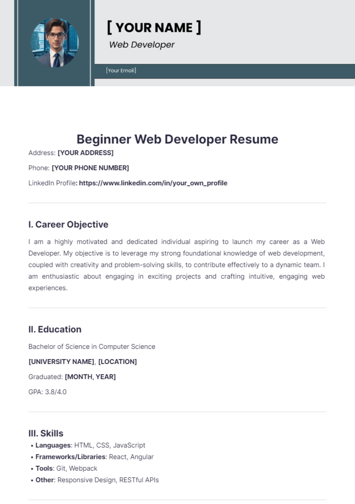 Beginner Web Developer Resume - Edit Online & Download