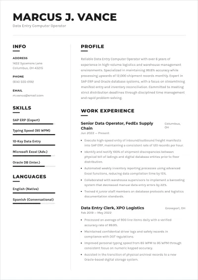 Free Data Entry Computer Operator ATS Resume Template
