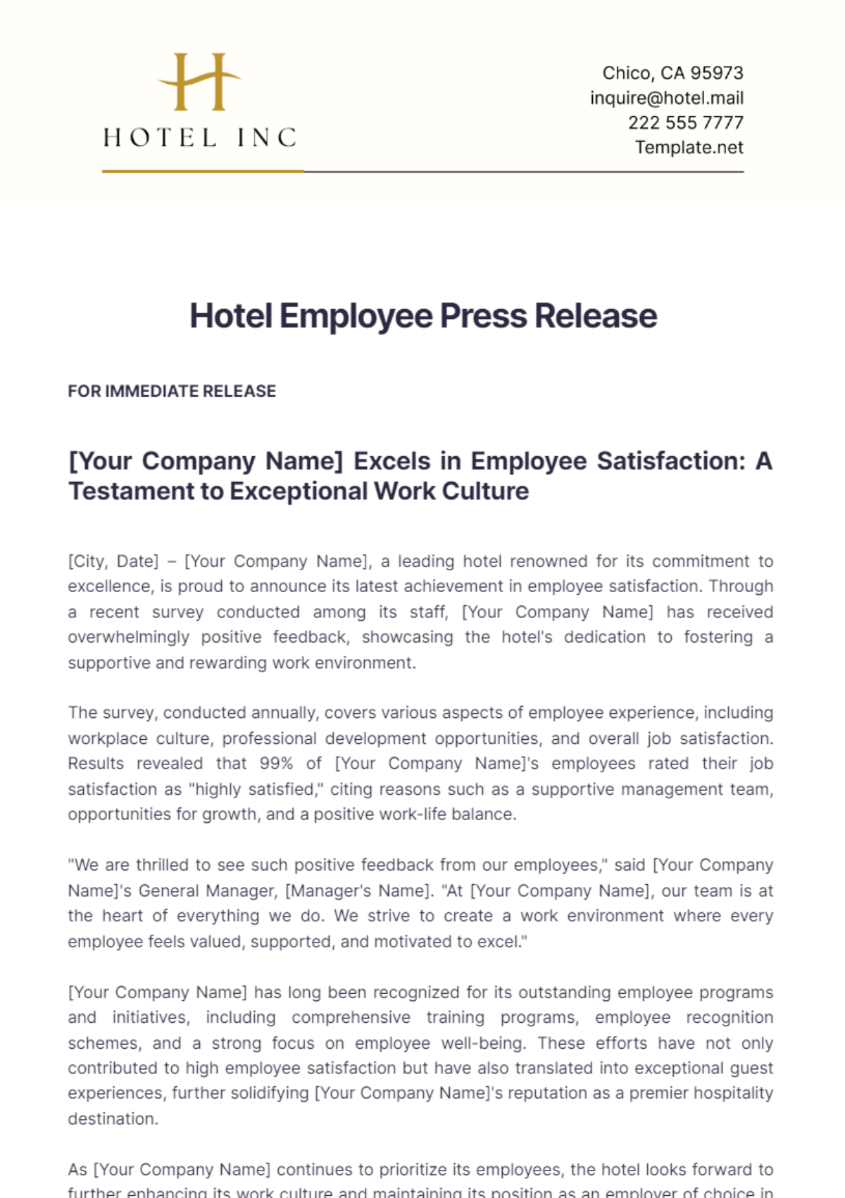 Hotel Employee Press Release Template - Edit Online & Download