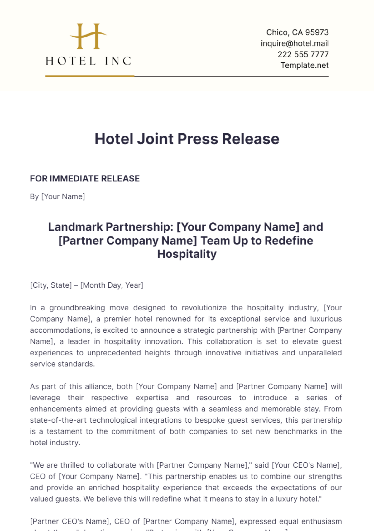 Hotel Joint Press Release Template - Edit Online & Download