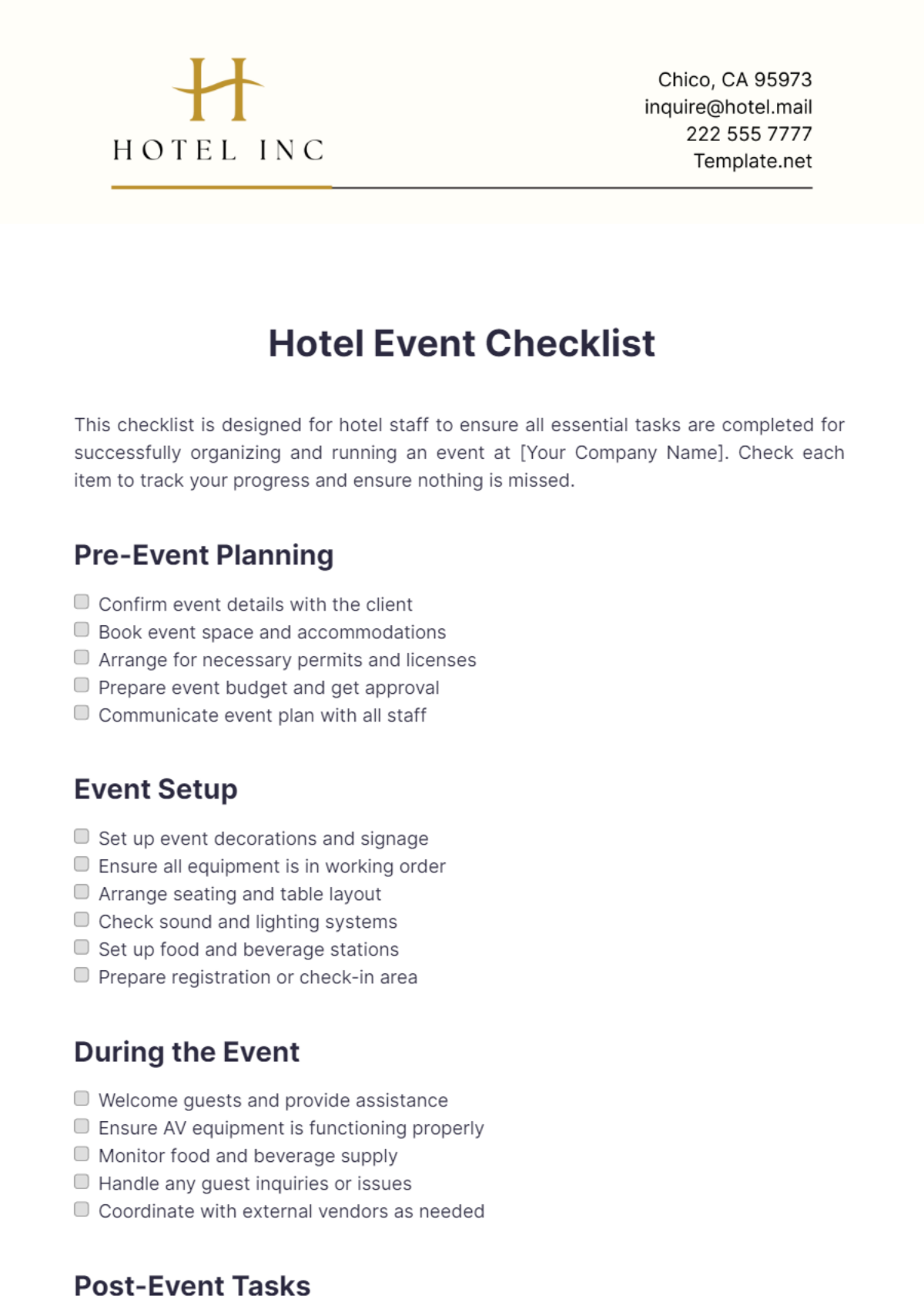 Hotel Event Checklist Template - Edit Online & Download