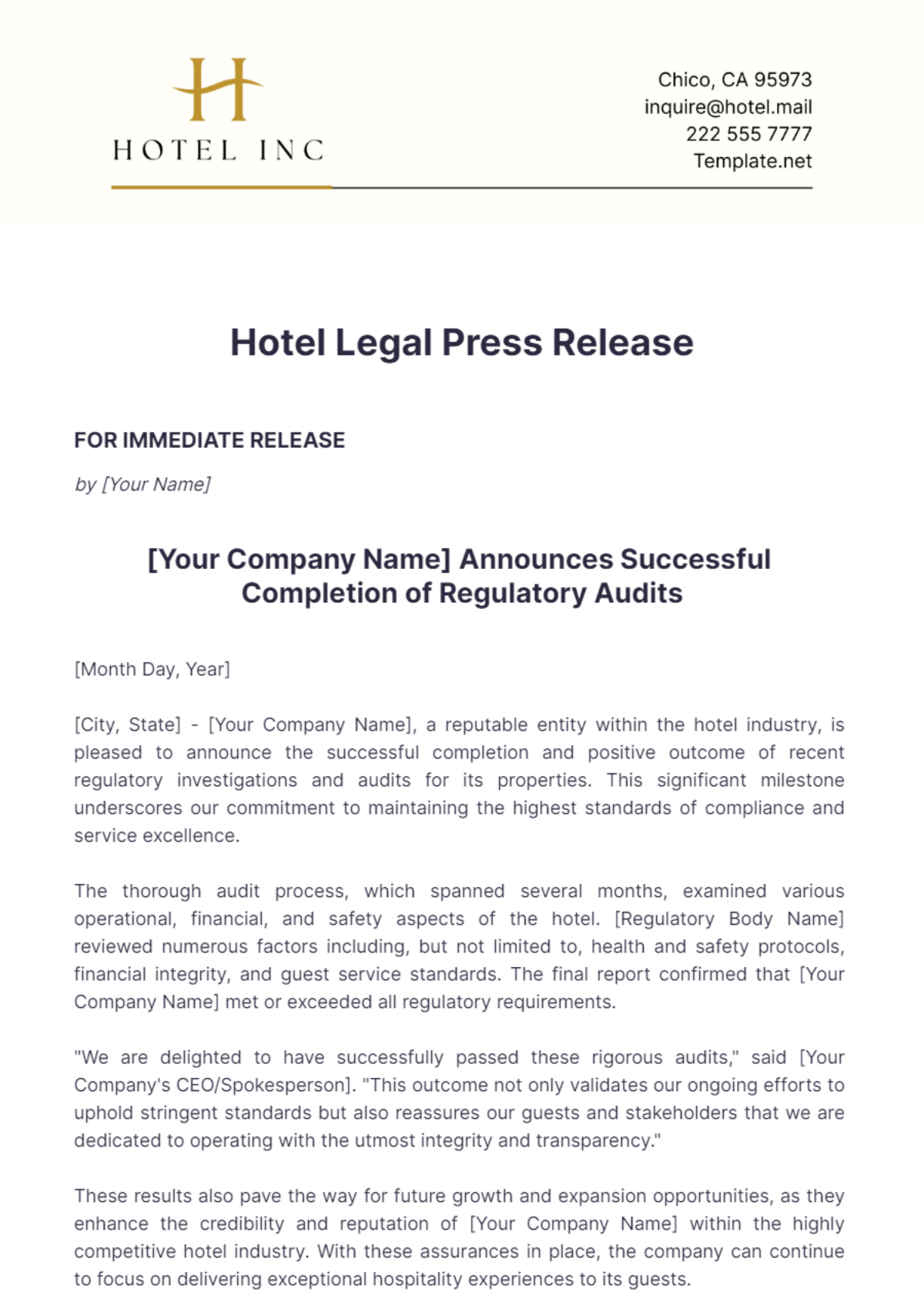 Hotel Legal Press Release Template - Edit Online & Download