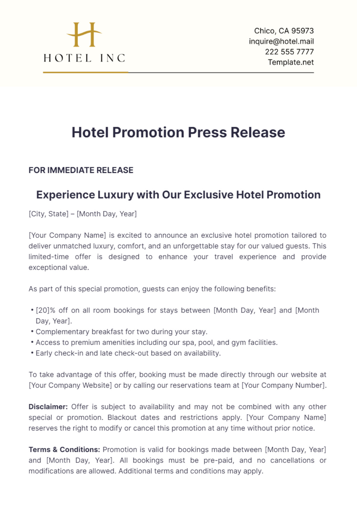 Hotel Promotion Press Release Template - Edit Online & Download