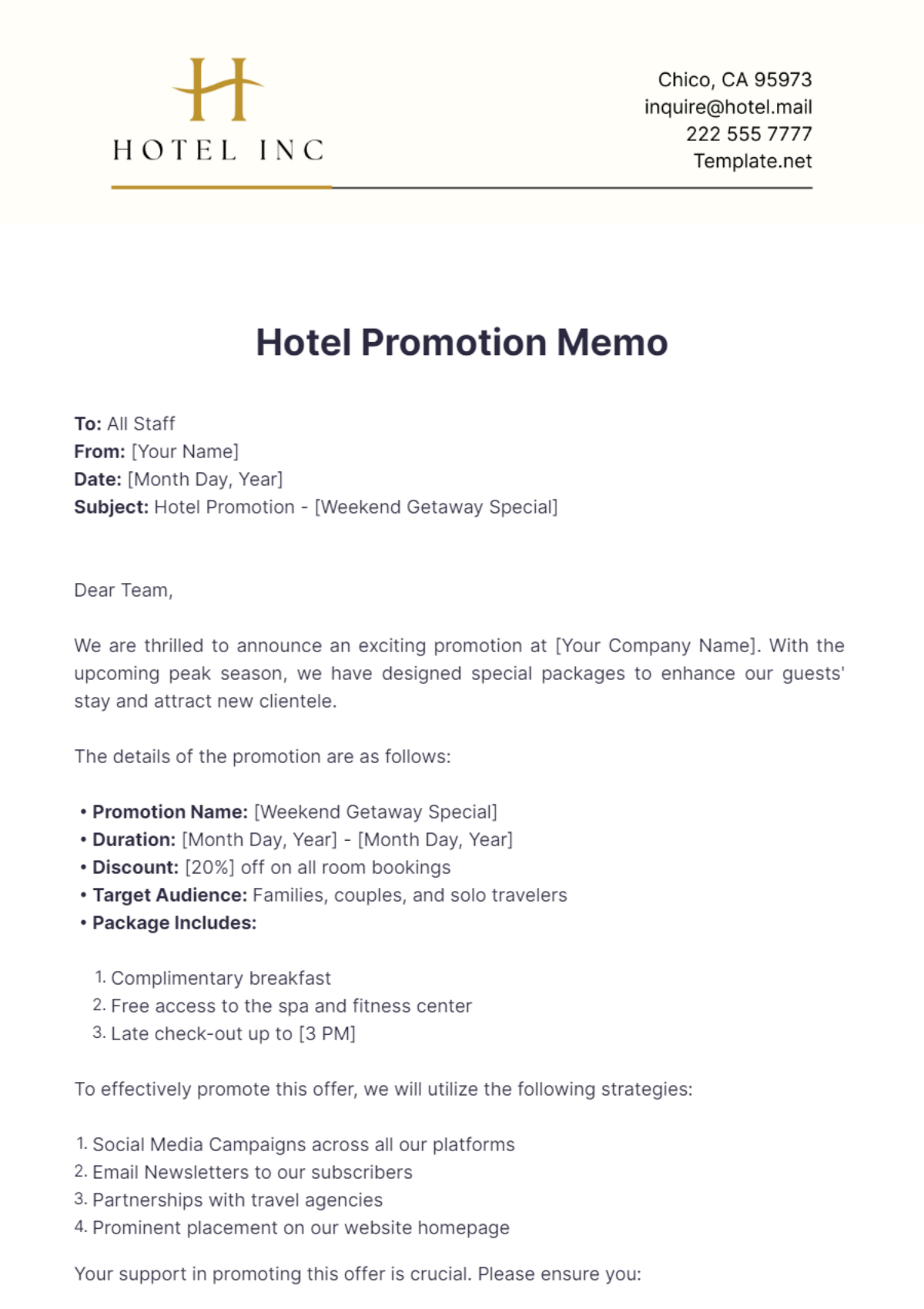 Hotel Promotion Memo Template - Edit Online & Download