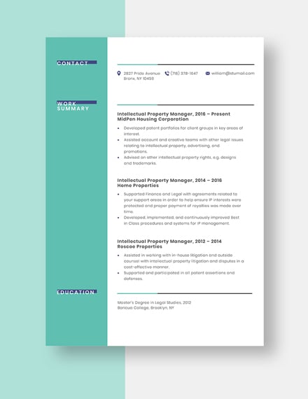 Intellectual Property Manager Resume Template
