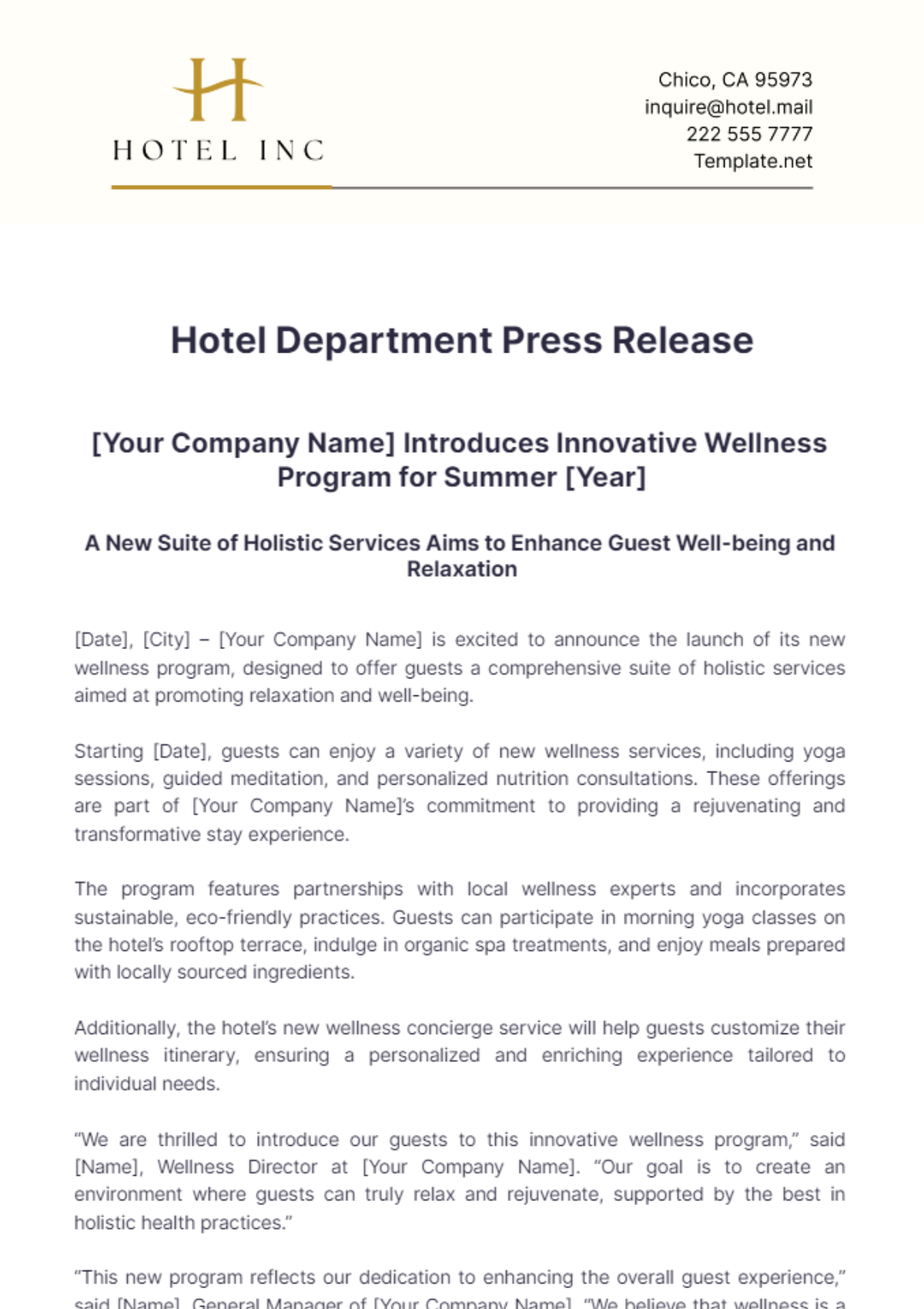 Hotel Department Press Release Template - Edit Online & Download