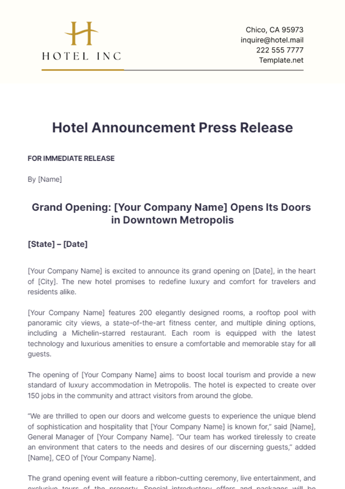 Free Hotel Announcement Press Release Template