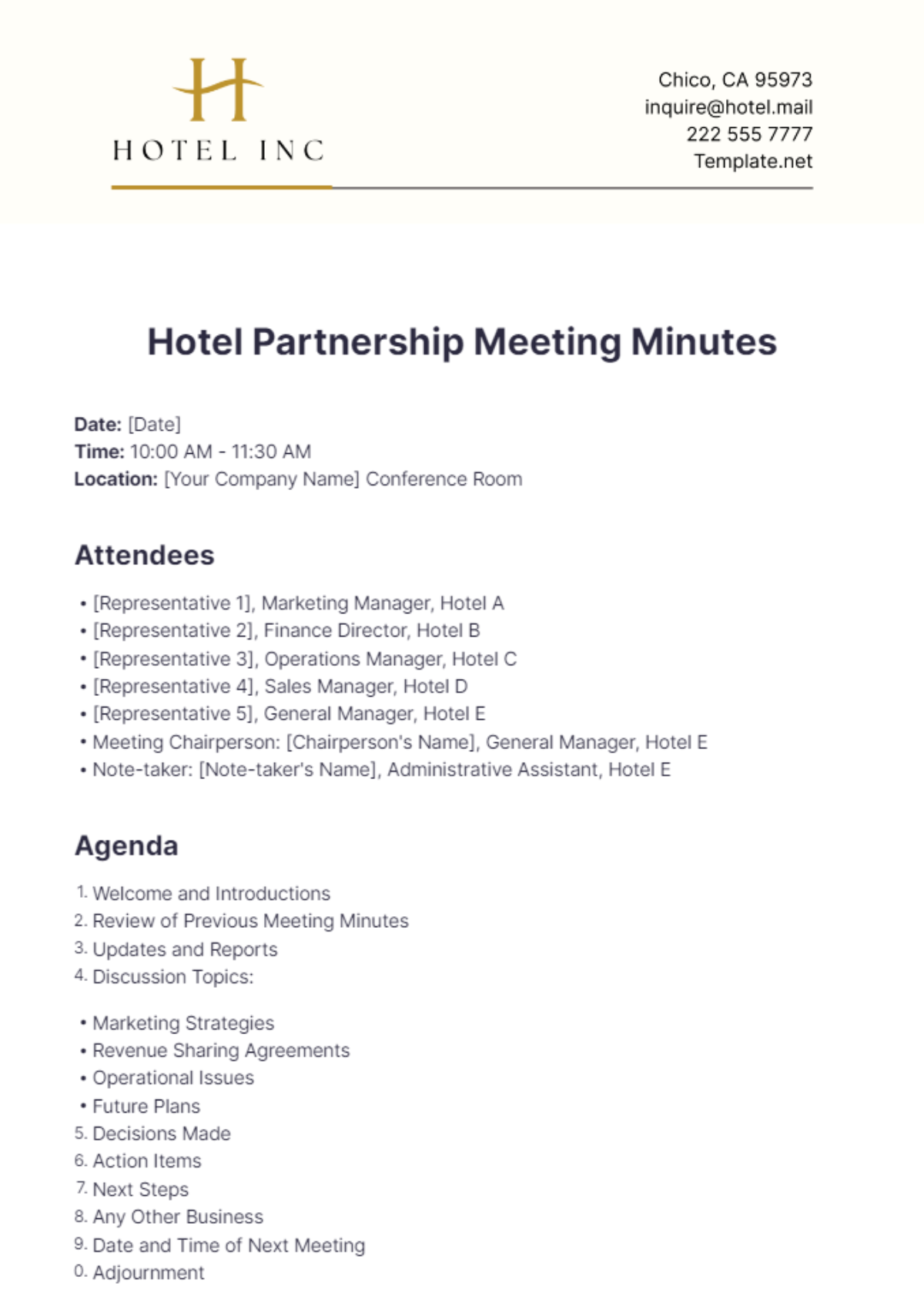 Hotel Partnership Meeting Minutes Template - Edit Online & Download