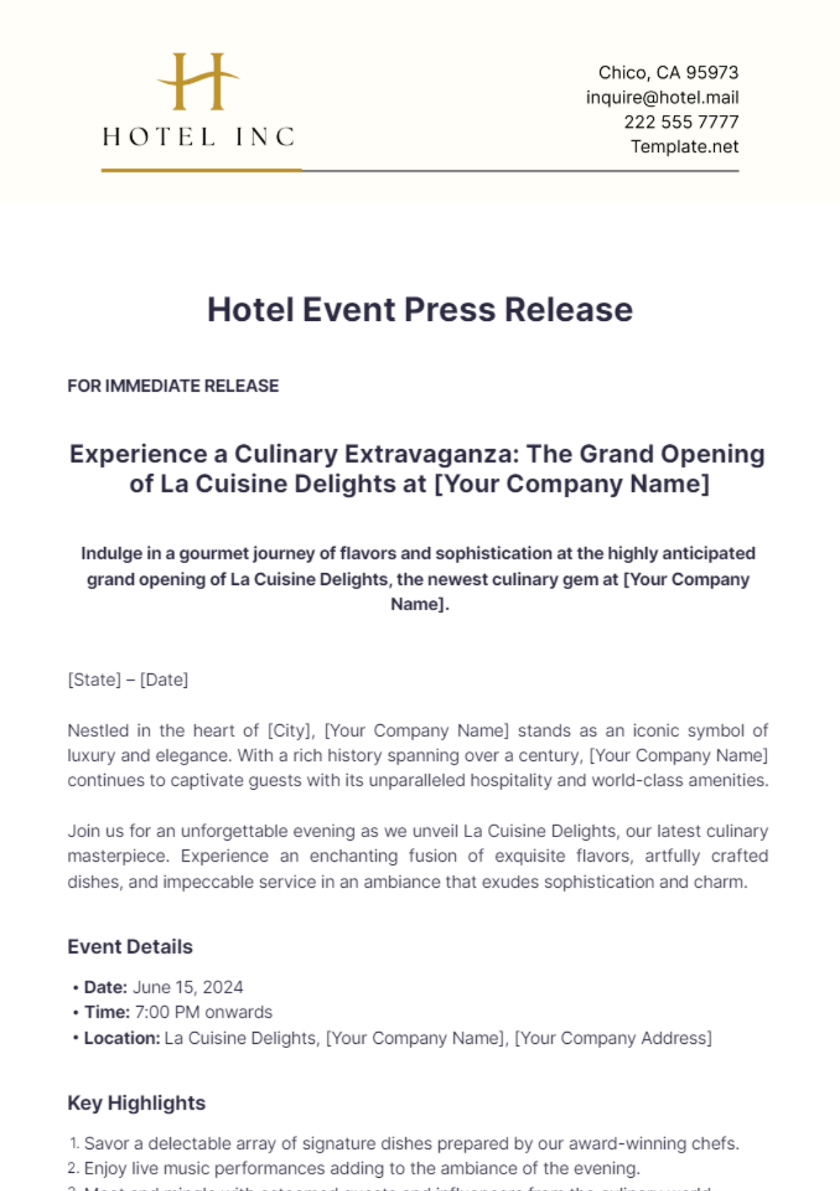 Hotel Event Press Release Template - Edit Online & Download