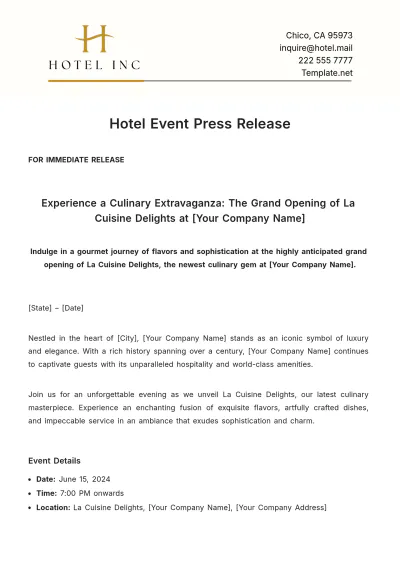 Free Hotel Event Press Release Template to Edit Online