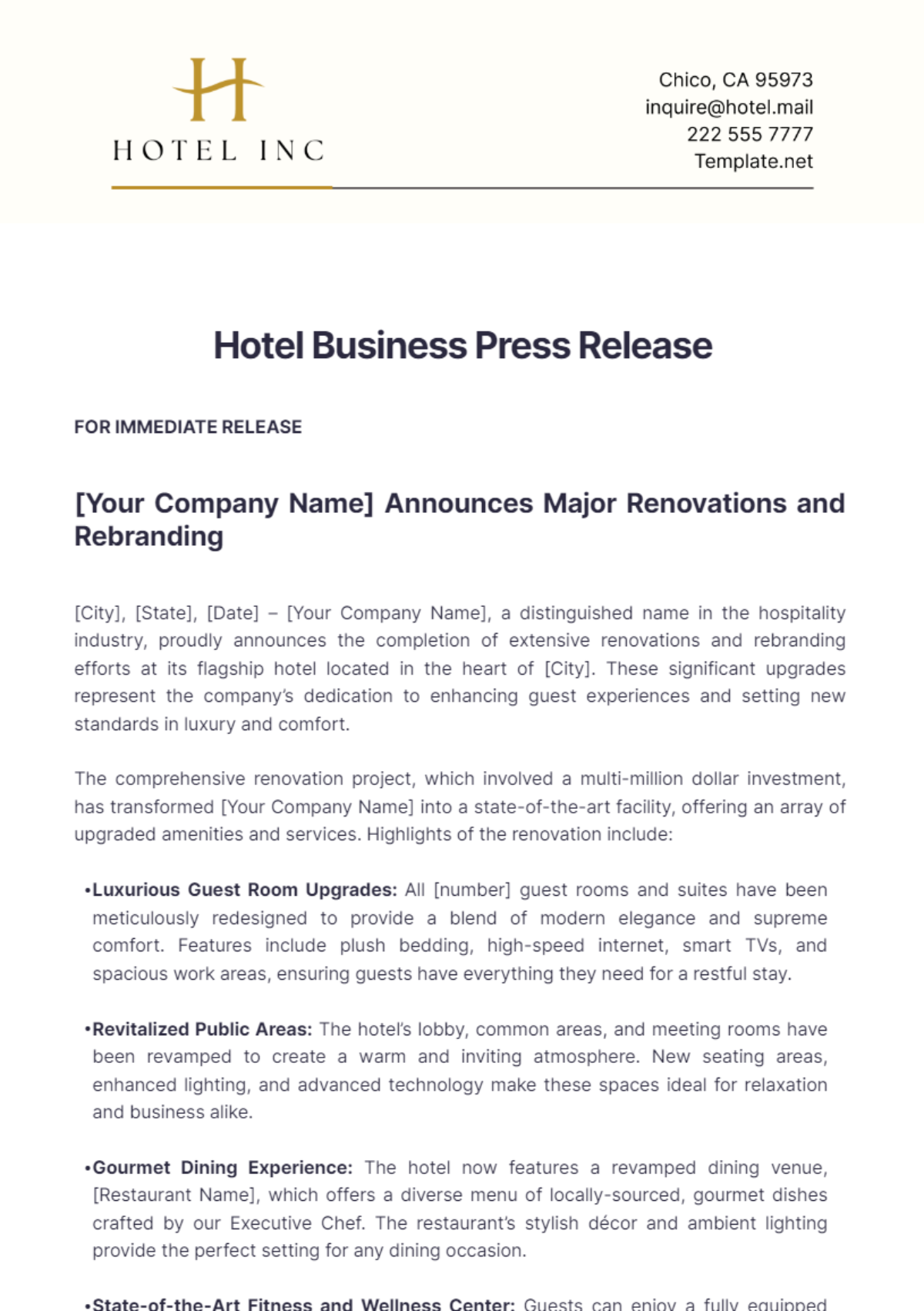 Hotel Business Press Release Template - Edit Online & Download