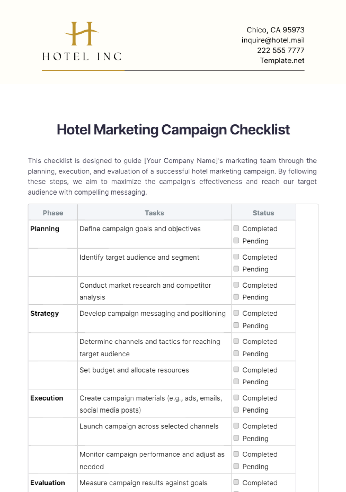 Hotel Marketing Campaign Checklist Template - Edit Online & Download