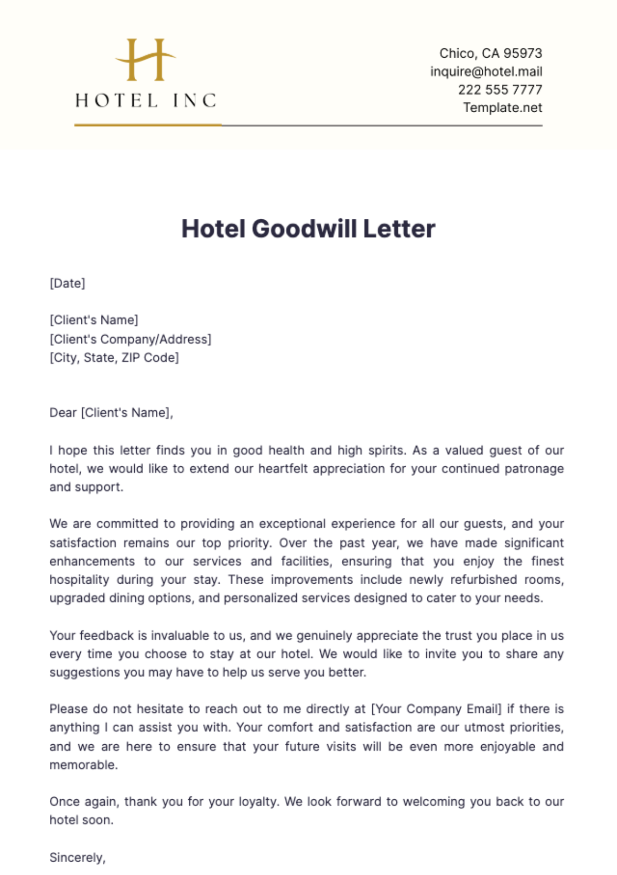 Hotel Goodwill Letter Template - Edit Online & Download