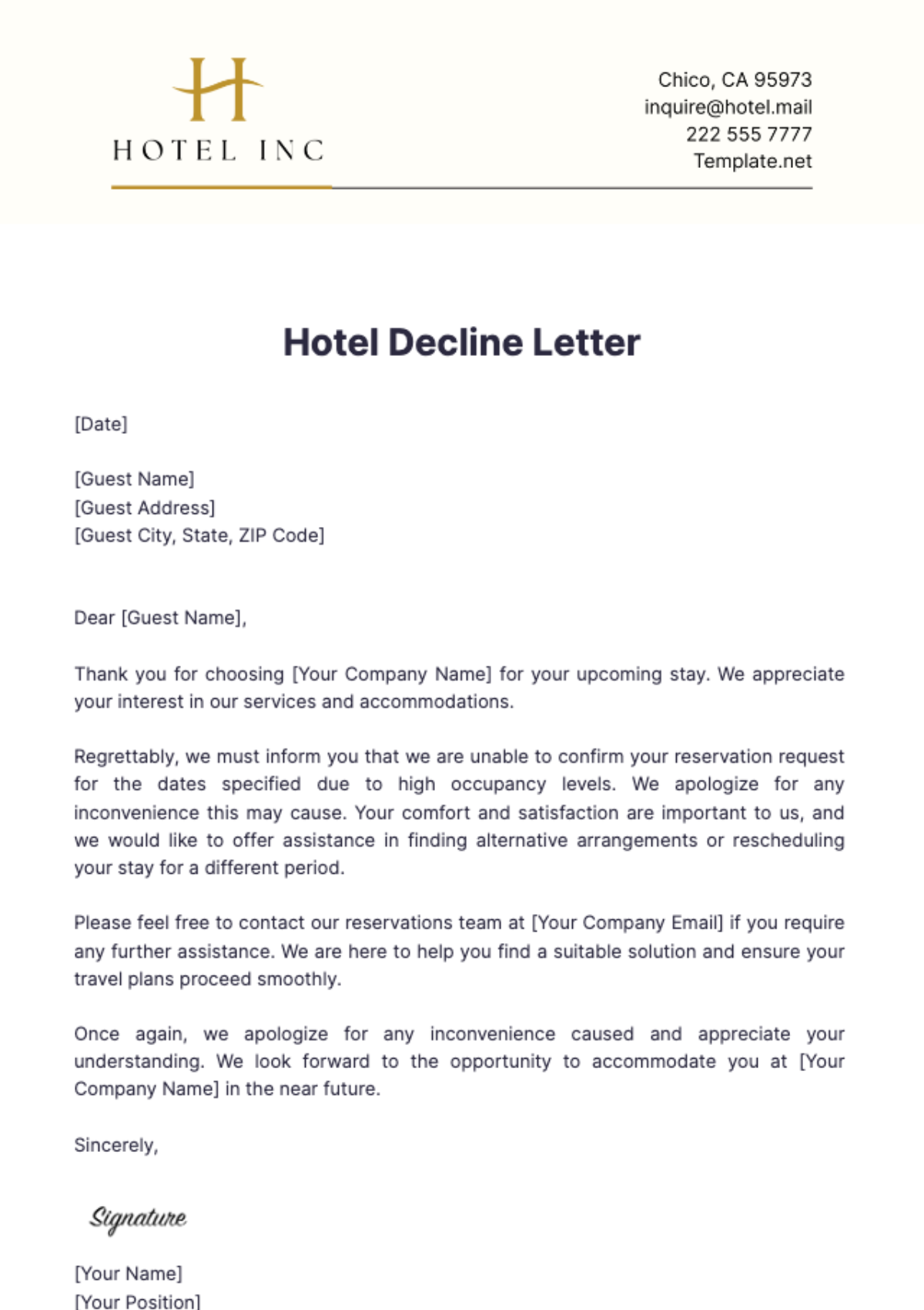 Hotel Decline Letter Template - Edit Online & Download