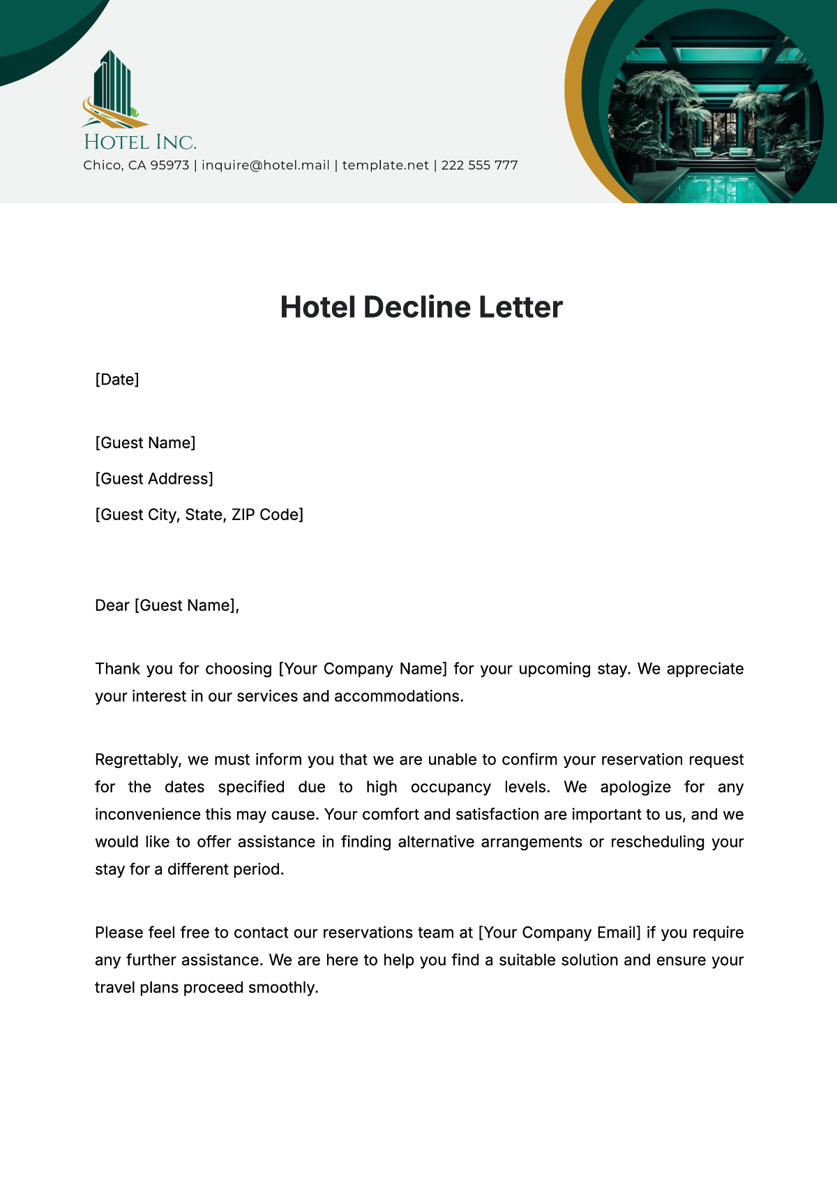 Free Hotel Decline Letter Template