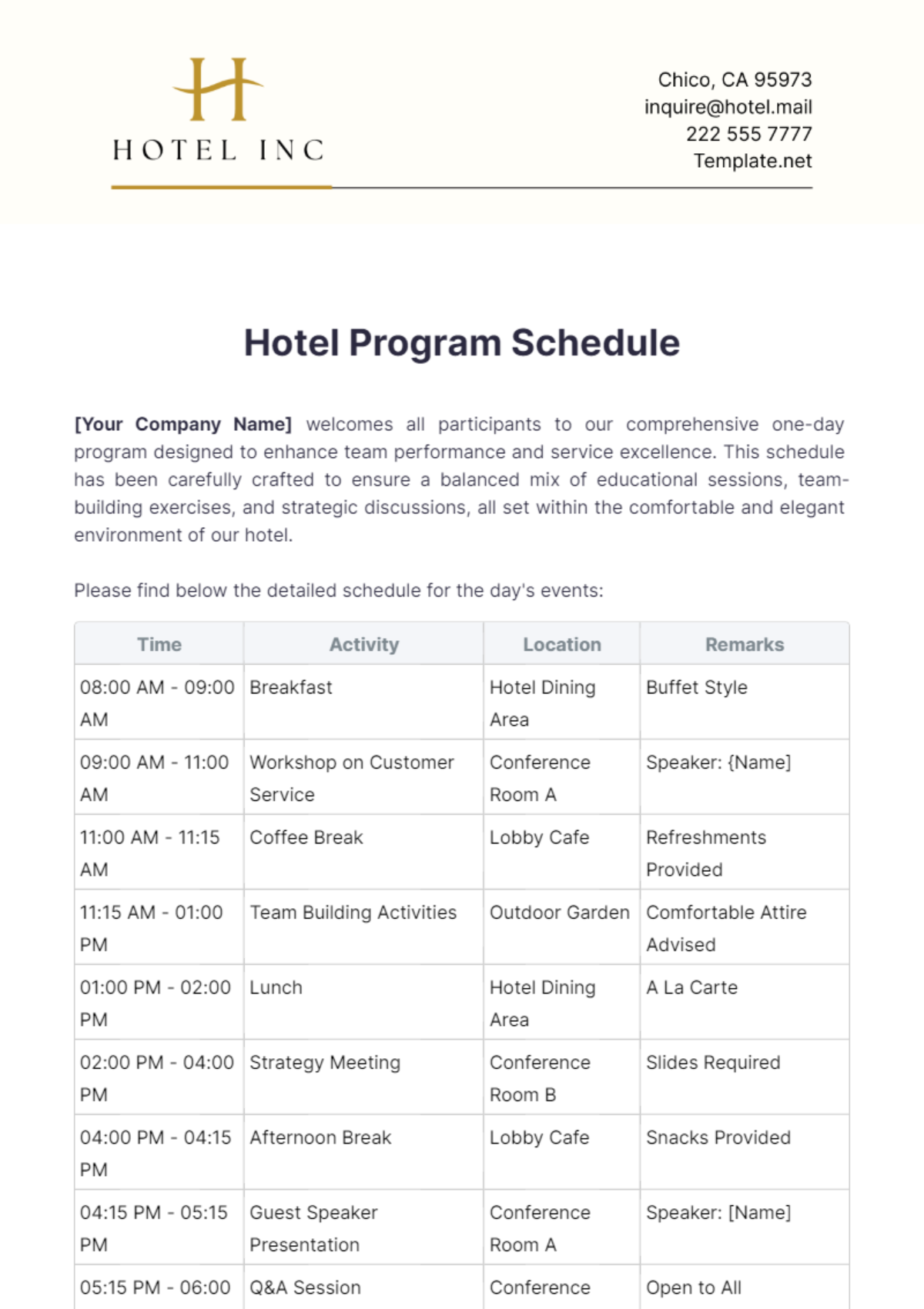 Hotel Program Schedule Template - Edit Online & Download