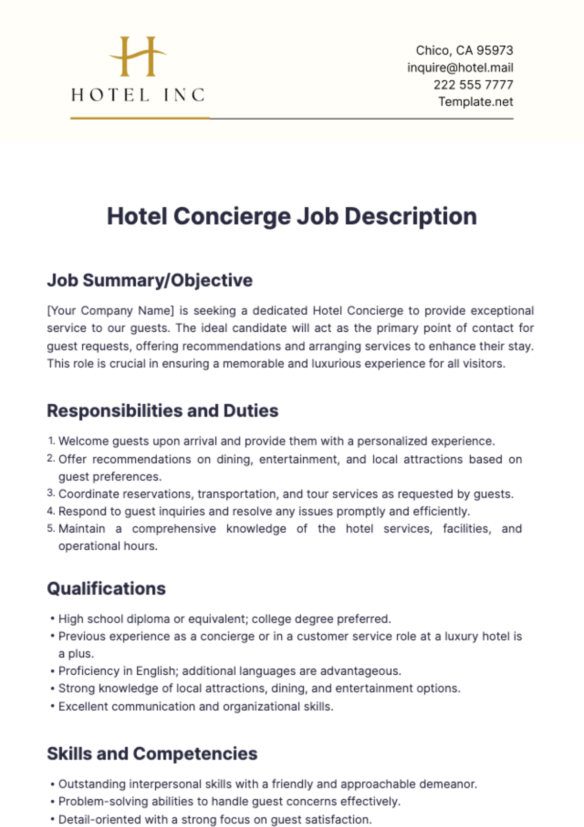 Hotel Concierge Job Description Template - Edit Online & Download