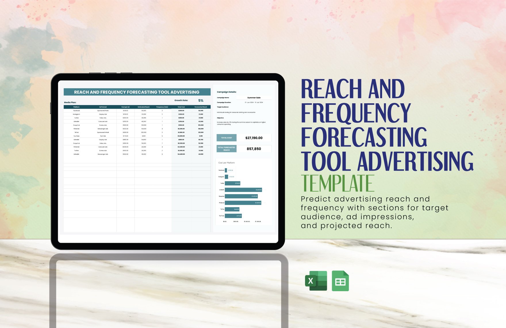 Reach and Frequency Forecasting Tool Advertising Template in Excel, Google Sheets