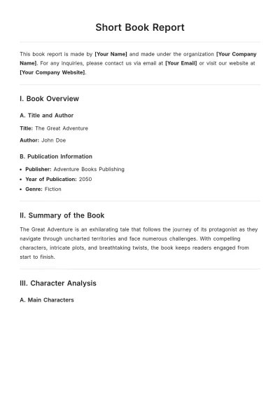 Free Short Book Report Template to Edit Online